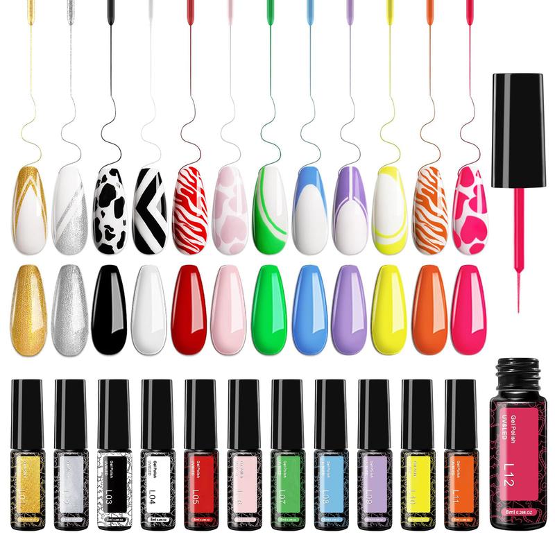 Gel Nail Polish Liner Nail Art 12 Colors 8ml UV Lamp Soak-off Polishes Pigmented Red Pink Glitter Built Thin Brush in Bottle Manicure DIY at Home Salon Quality Gift for Women for Mom