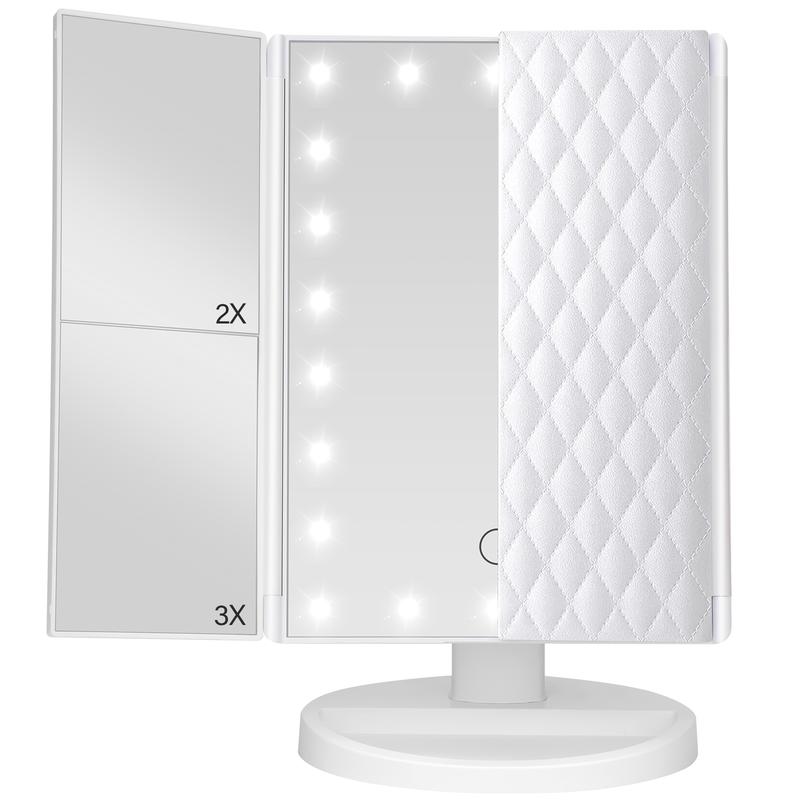 Chrismas gift Trifold Vanity Mirror with Lights，Makeup Mirror with Lights and 1x 2x 3x Magnification Rechargeable Lighting 21LED Mirror Touch Screen Two Power Supply Modes Make Up Mirror