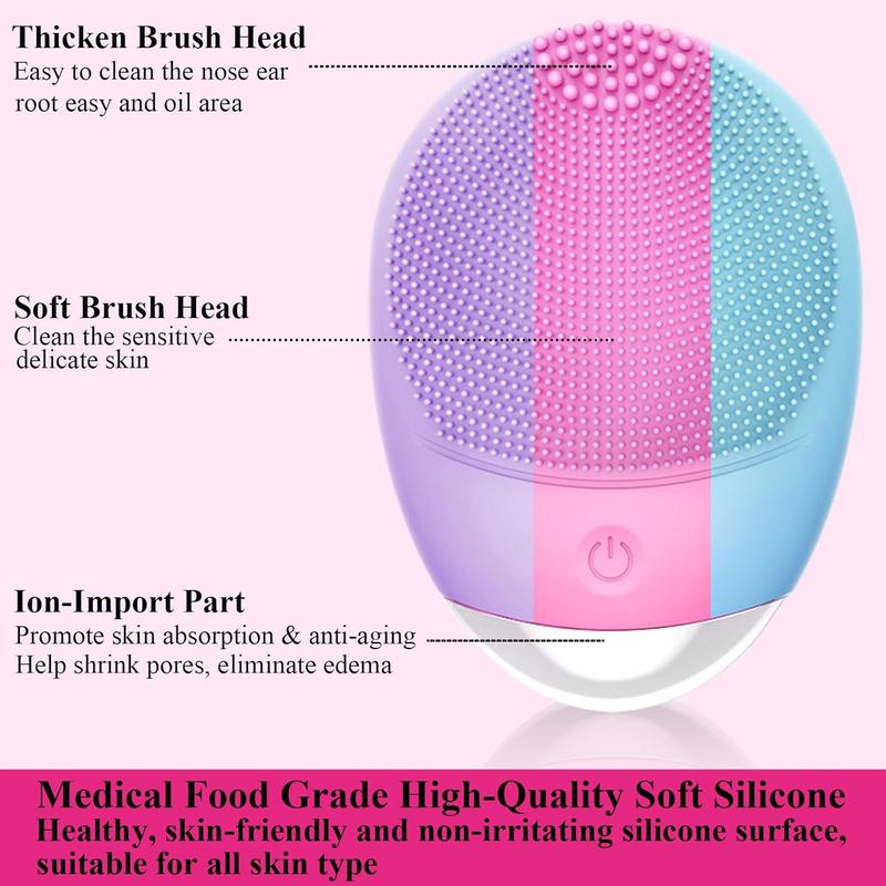 Facial Cleansing Brush, 3-in-1 Electric Soft Silicone Waterproof Face Scrubber, USB Rechargeable IPX7 Waterproof Sonic Vibrating Face Brush for Deep Cleansing, Gentle  and Massaging Durable Skin Care