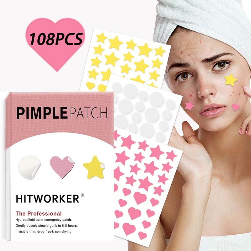 Pimple Patch Set, 108pcs set Star & Heart & Round Shaped Acne Cover Patches, Gentle Facial Skin Care Product for Women & Men