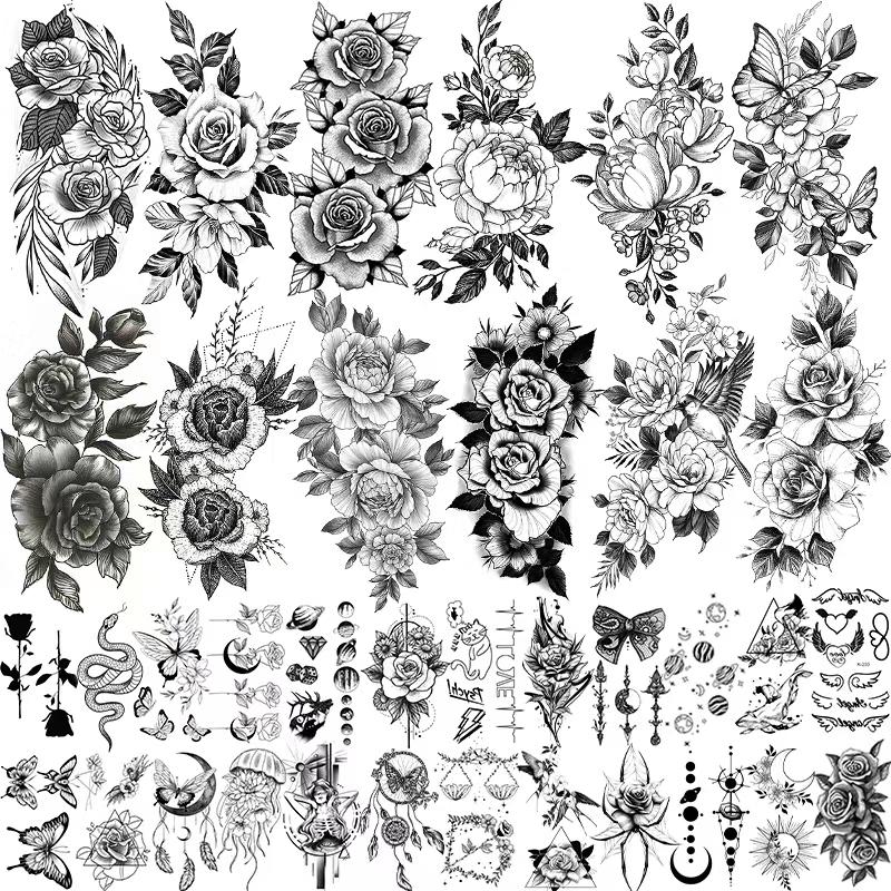 36 Sheets Large Flower Temporary Tattoos Stickers for Women Black Fake Sketch Rose Boho Flowers Tattoo Stickers Waterproof Bohemian Sleeve Leg Body Art Girl Teens Tatoo Sticker