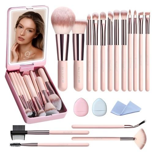 BESTOPE PRO travel Makeup Brushes, 20PCs Professional Makeup Brush Set, Foundation Concealer Powder Eyeshadow Brush Set Contour Eyebrow Brush Kit with Led Light Mirror Travel Case & Powder Puff-Pale Pink