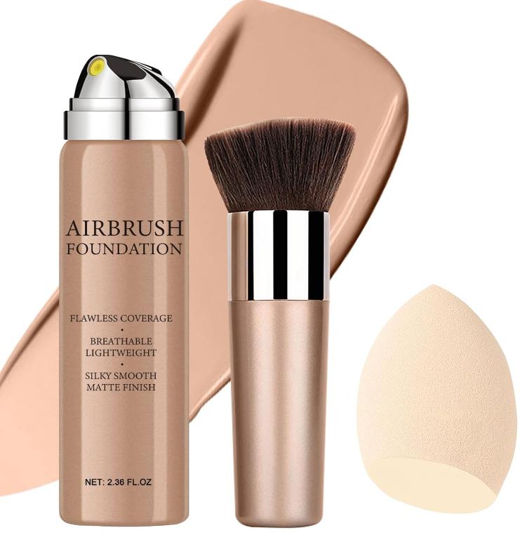 Airbrush Foundation Makeup Spray, Long Lasting Waterproof Full Coverage Foundation for Brighten, Concealer and Hydrating, Natural Matte Finish, Brush and Makeup Sponge Include, 2.36oz (#1 Natural)