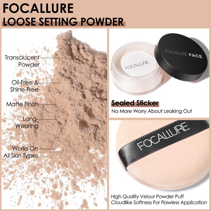 FOCALLURE Oil Control Loose Face Powder, Translucent Loose Setting Powder, Shine-Free Matte Finishing Powder, Long-lasting & Lightweight Sets Foundation Makeup, Includes Velour Powder Puff, Ivory