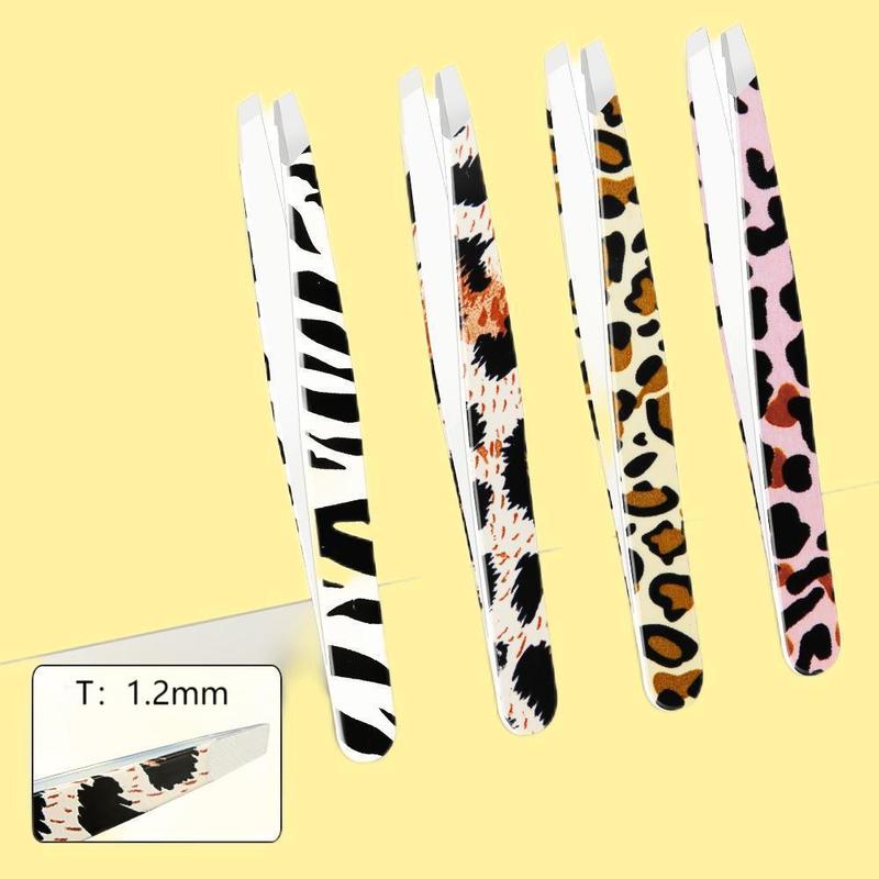 Leopard Pattern Tweezers Set, 4 Counts set Slanted Eyebrow Tweezers, Multifunctional Makeup Tools for Women & Girls