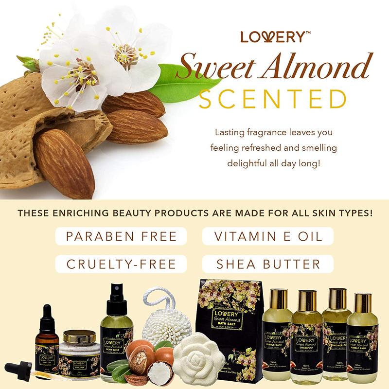 Sweet Almond Bath and Body Gift Basket - 11Pc Spa Set Body Care Cosmetics