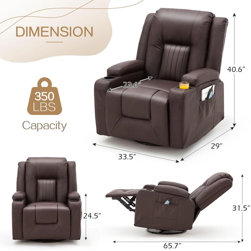 [Black Friday]  YODOLLA Massage Manual Comfort Recliner Chair with Heat,  2Side Pockets, 2 Cup Holders, Leather Rocking Recliner Swivel Comfort