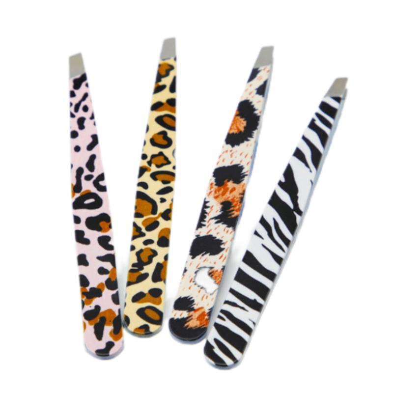 Leopard Pattern Tweezers Set, 4 Counts set Slanted Eyebrow Tweezers, Multifunctional Makeup Tools for Women & Girls