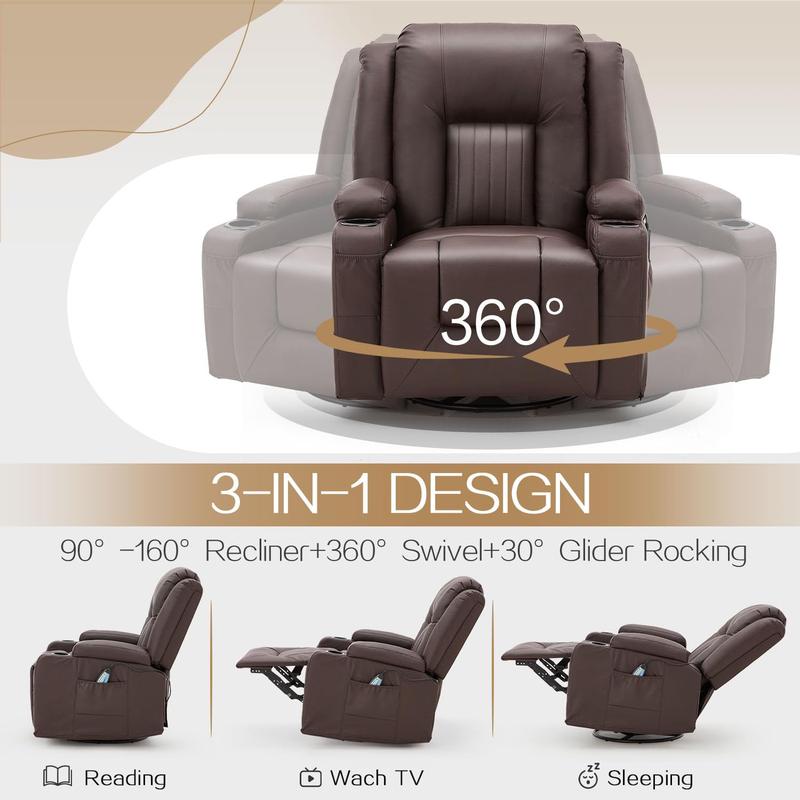 [Black Friday]  YODOLLA Massage Manual Comfort Recliner Chair with Heat,  2Side Pockets, 2 Cup Holders, Leather Rocking Recliner Swivel Comfort