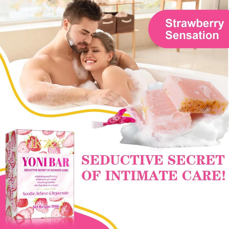 Strawberry Flavor Yoni Bar Soap, 2 Counts set Hydrating Intimate Care Soap with Foaming Net, Safe and Mild Ingredients Soap for Women