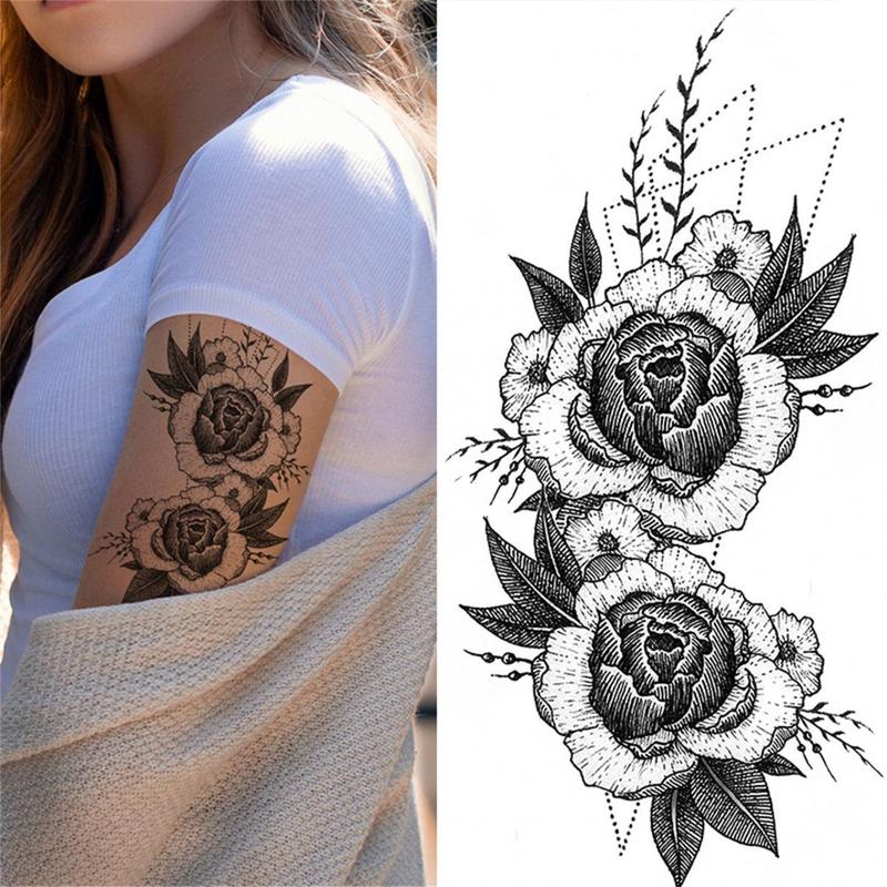 36 Sheets Large Flower Temporary Tattoos Stickers for Women Black Fake Sketch Rose Boho Flowers Tattoo Stickers Waterproof Bohemian Sleeve Leg Body Art Girl Teens Tatoo Sticker