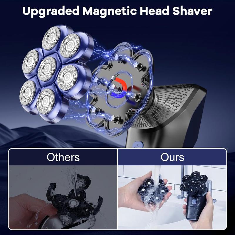 7D Head Shavers for Bald Men, Magnetic Electric Shaver Razor Face Hair Trimmer for Men, Rechargeable LED Display Dry Wet IPX7 Waterproof Detachable 10 in 1 Grooming Kit Type-C Charge Comfort