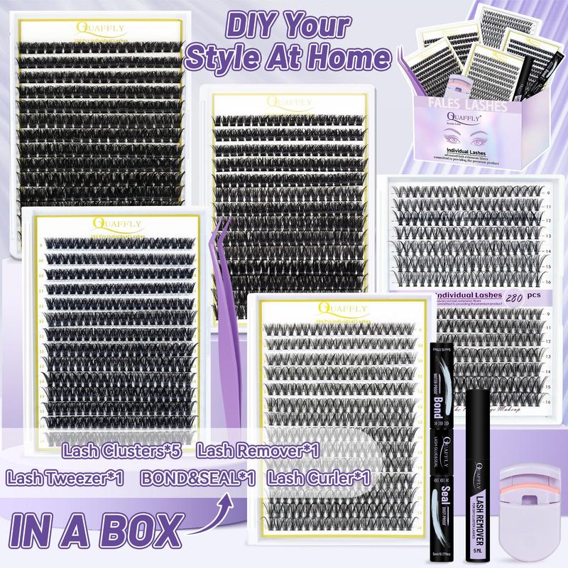 Mixed Length False Eyelashes with Bond and Seal & Remover & Tweezers & Eyelash Curler, 1 Box Natural Look Eyelash Extensions, Self Grafting Eyelash Clusters, Christmas Gift