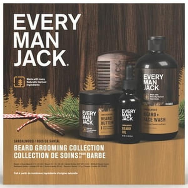 Every Man Jack Men's Beard Care Christmas Holiday Gift Set for All Skin Types, Sandalwood, 4 Pieces - Face Wash, Beard Butter, Beard Oil, and Comb