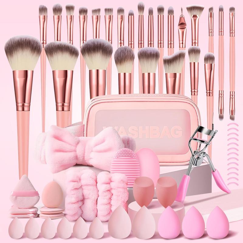 Makeup Tool Set, 61pcs set Makeup Brush & Sponge & Puff & Brush Cleaning Mat & Headband & Wristbands & Silicone Refills & Eyelash Curler & Cosmetic Bag