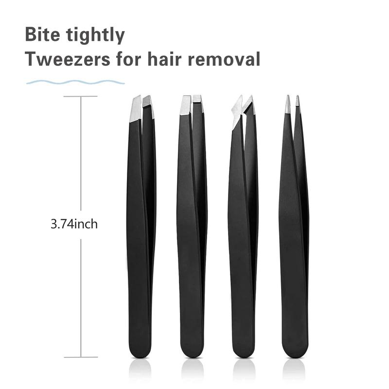 Black 4-piece Tweezers Set. High Precision Stainless Steel. For Eyebrow, Facial Hair, Ingrown Hair & Splinter Removal. Unisex. Gift Makeup