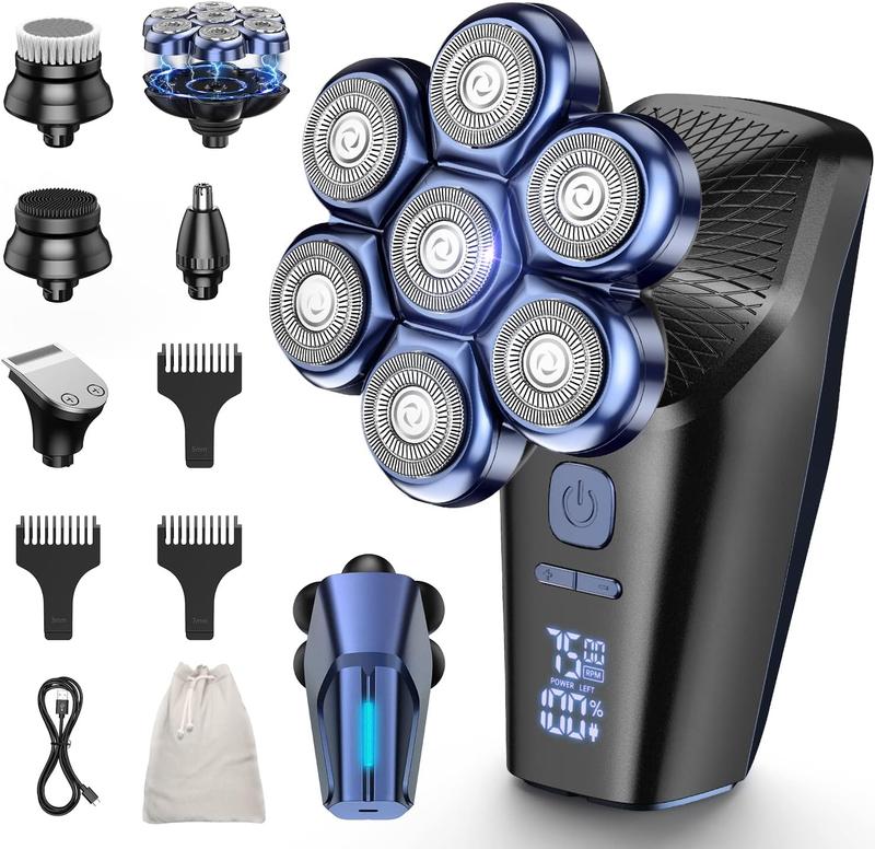 7D Head Shavers for Bald Men, Magnetic Electric Shaver Razor Face Hair Trimmer for Men, Rechargeable LED Display Dry Wet IPX7 Waterproof Detachable 10 in 1 Grooming Kit Type-C Charge Comfort