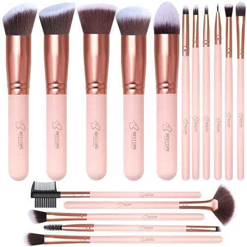 BESTOPE PRO travel Makeup Brushes, 20PCs Professional Makeup Brush Set, Foundation Concealer Powder Eyeshadow Brush Set Contour Eyebrow Brush Kit with Led Light Mirror Travel Case & Powder Puff-Pale Pink