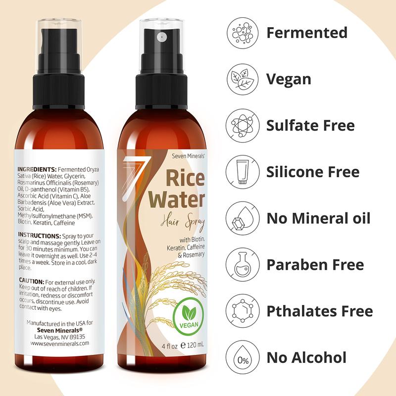 Seven Minerals Rice Water for Hair - Rosemary, Biotin, Keratin Vegan Non-Greasy Spray Naturally Thicker, Longer, Nourishing Haircare Blend Restore