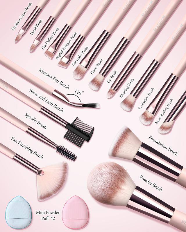 BESTOPE PRO travel Makeup Brushes, 20PCs Professional Makeup Brush Set, Foundation Concealer Powder Eyeshadow Brush Set Contour Eyebrow Brush Kit with Led Light Mirror Travel Case & Powder Puff-Pale Pink