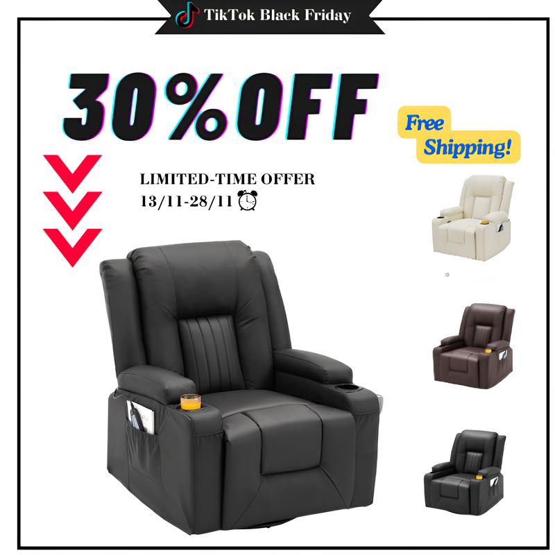 [Black Friday]  YODOLLA Massage Manual Comfort Recliner Chair with Heat,  2Side Pockets, 2 Cup Holders, Leather Rocking Recliner Swivel Comfort