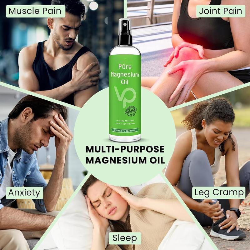 Pure Magnesium Oil Spray with Peppermint, Fast Absorption, Less Sting, Ultra- for Sleep &  Relaxation, Seven (Big 8 oz) Minerals