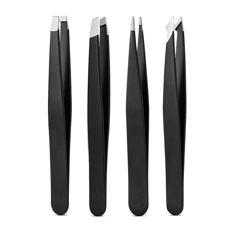 Black 4-piece Tweezers Set. High Precision Stainless Steel. For Eyebrow, Facial Hair, Ingrown Hair & Splinter Removal. Unisex. Gift Makeup