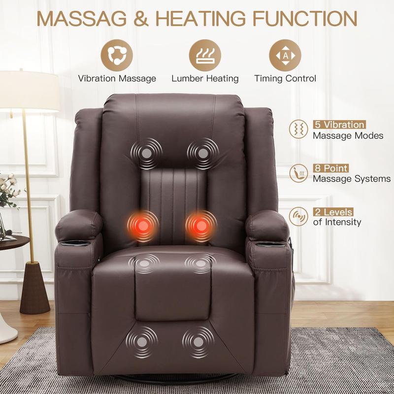 [Black Friday]  YODOLLA Massage Manual Comfort Recliner Chair with Heat,  2Side Pockets, 2 Cup Holders, Leather Rocking Recliner Swivel Comfort