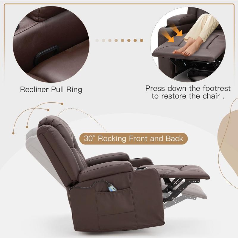 [Black Friday]  YODOLLA Massage Manual Comfort Recliner Chair with Heat,  2Side Pockets, 2 Cup Holders, Leather Rocking Recliner Swivel Comfort