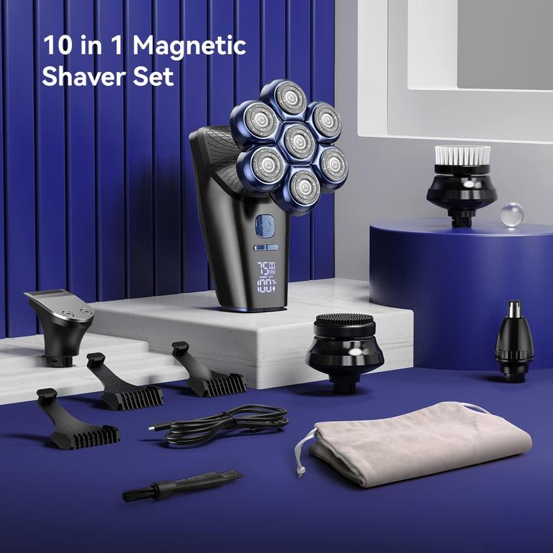 7D Head Shavers for Bald Men, Magnetic Electric Shaver Razor Face Hair Trimmer for Men, Rechargeable LED Display Dry Wet IPX7 Waterproof Detachable 10 in 1 Grooming Kit Type-C Charge Comfort