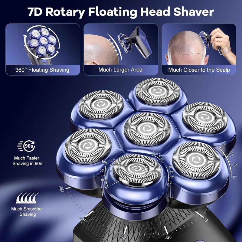 7D Head Shavers for Bald Men, Magnetic Electric Shaver Razor Face Hair Trimmer for Men, Rechargeable LED Display Dry Wet IPX7 Waterproof Detachable 10 in 1 Grooming Kit Type-C Charge Comfort