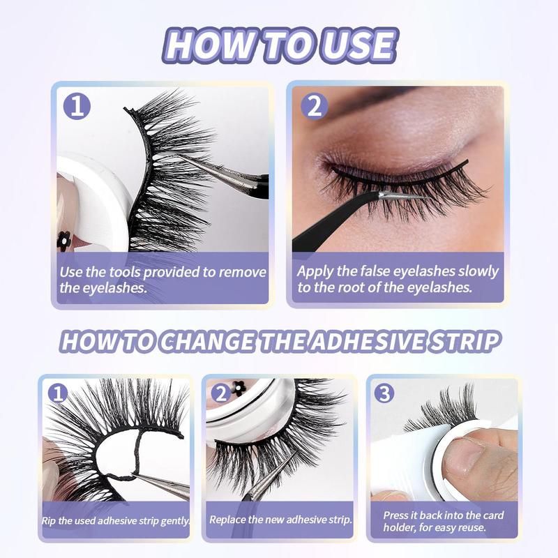 Self-adhesive False Eyelashes Set, 3 Pairs Lightweight Reusable Natural & Fluffy Lashes, Easy Application for Beginners