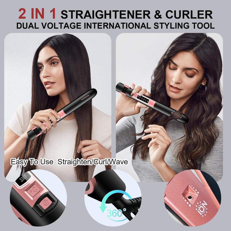 Negative Ion Hair Straightener, Professional Ceramic Flat Iron, Fast Heat 2 in 1 Curler & Straight, Comfortable Hair Styling Tool for Home & Salon Use