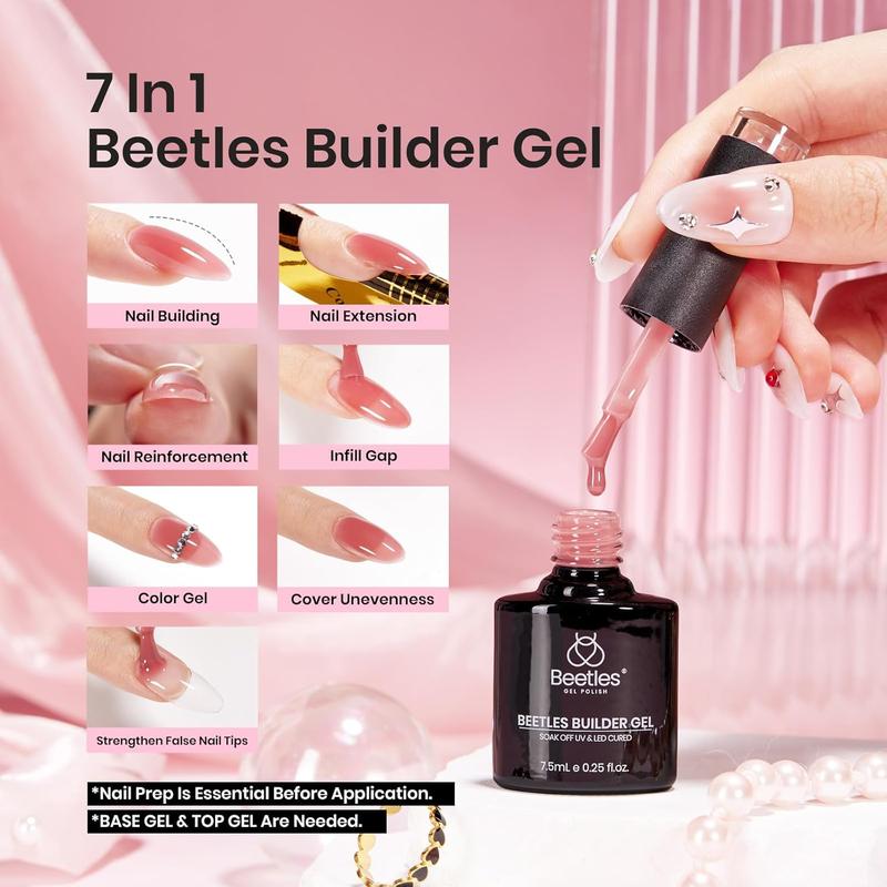 Beetles Builder Gel for Nails, 6 Colors 7 in 1 Strengthener Gel Builder for Nails, Jelly Clear Pink Nude Hard Gel Builder Gel for Nail Apex Nail Thickening Extension Gel Soak Off Uv Gift for Women