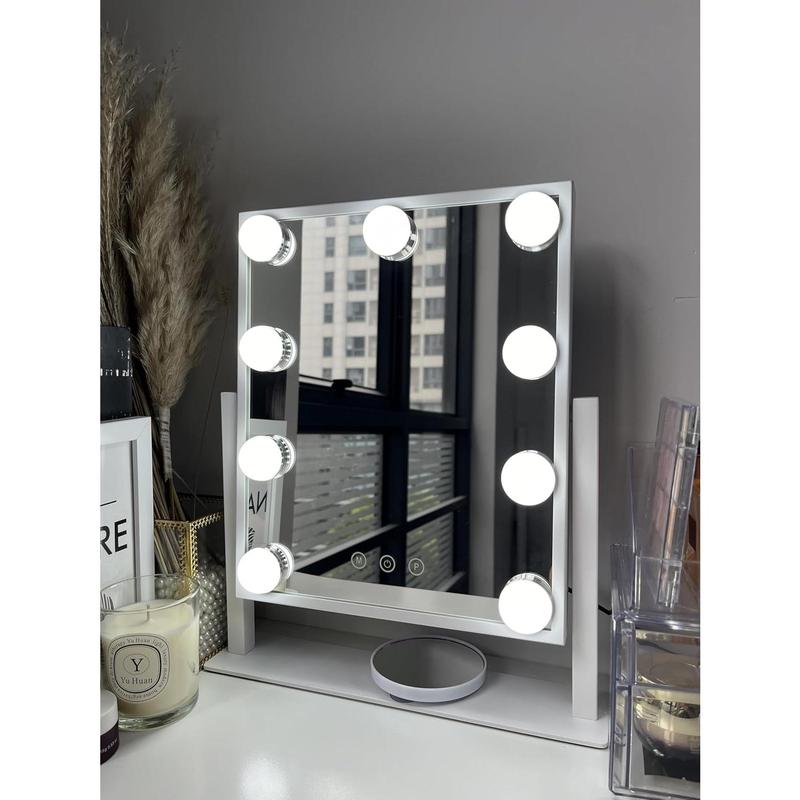 Vanity Mirror with Lights,Makeup Mirror,Lighted Mirror with 9 Dimmable LED Bulbs,3 Color Modes & Detachable 10X Magnification Mirror,360° Rotation,Smart Touch Control,Plug in