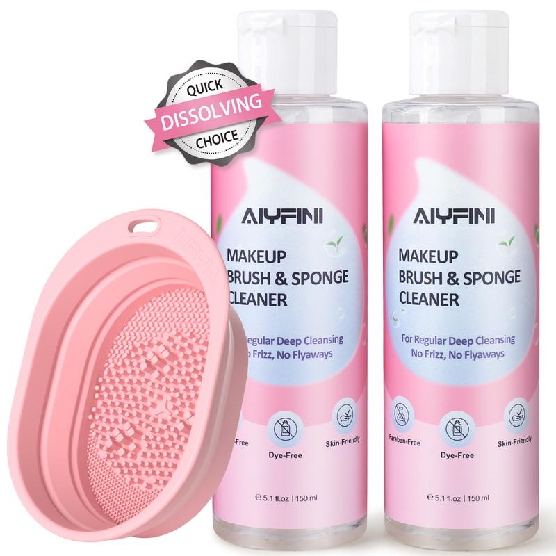 Alyfini Makeup Brush Cleaner Solution Concentrate - 10.2 Fl Oz Makeup Remover Shampoo Set with a Foldable Make Up Cleanser Silicone Bowl, Deep Cleaning Tool Kit for Makeup Brushes, Sponge and Puffs Cosmetic Cleansing, makeup tool, professional makeup