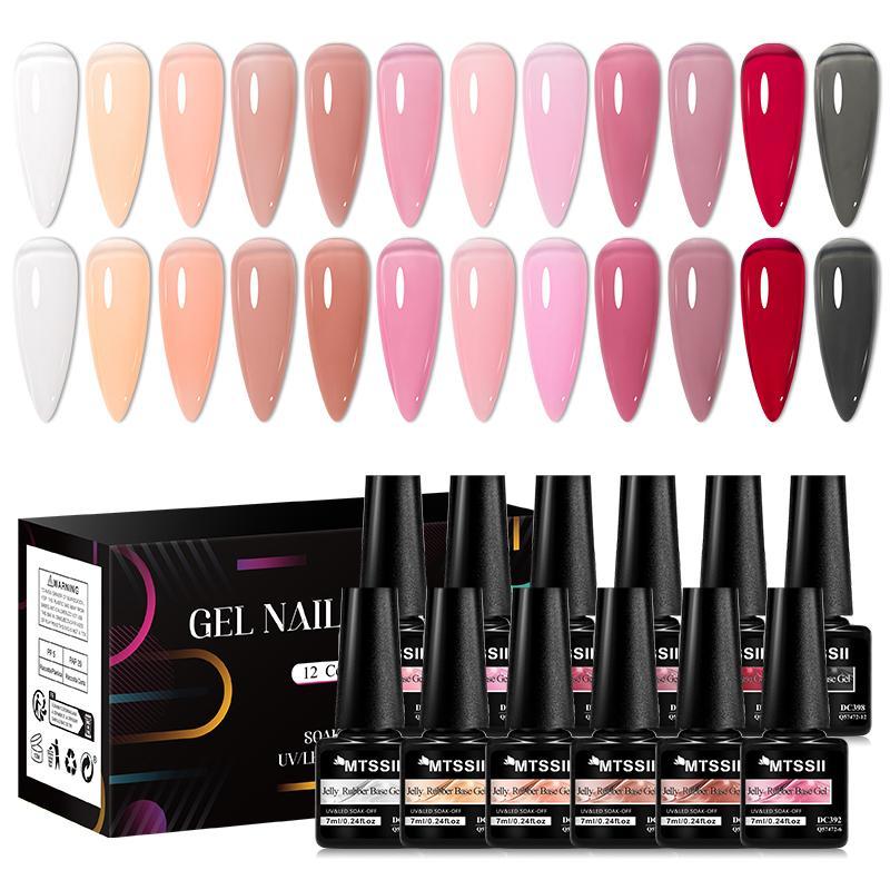 Jelly Rubber Base Gel Nail Polish Set, 12pcs set Soak Off Nail Art Gel Varnish, Professional Nail Art & Nail Polish for Women & Girls