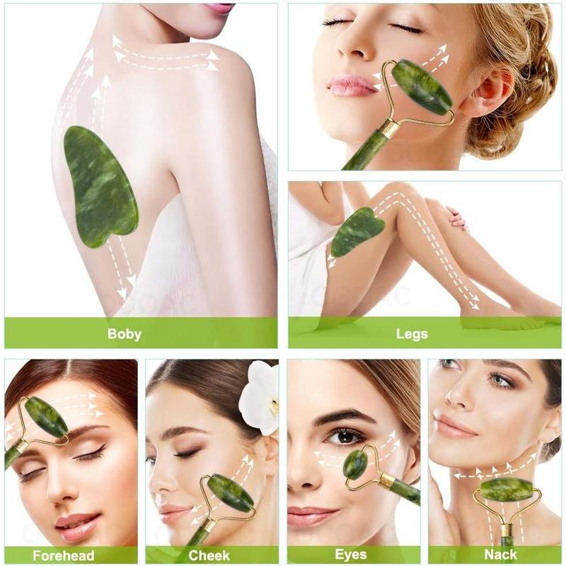 Jade Gua Sha Facial Massager Set - 5 in 1 Skin Care Tools With Roller and Massager