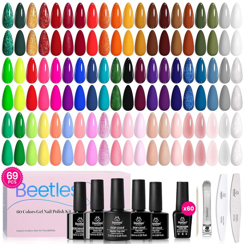 Beetles Gel Nail Polish Set, 69 PCS 60 Colors Christmas Gel Nail Polish Kit Base Coat and Glossy Matte Top Coat Gel Polish White Glitter Red Green Brown Blue Nude Pink Nail Gel Gifts for Women