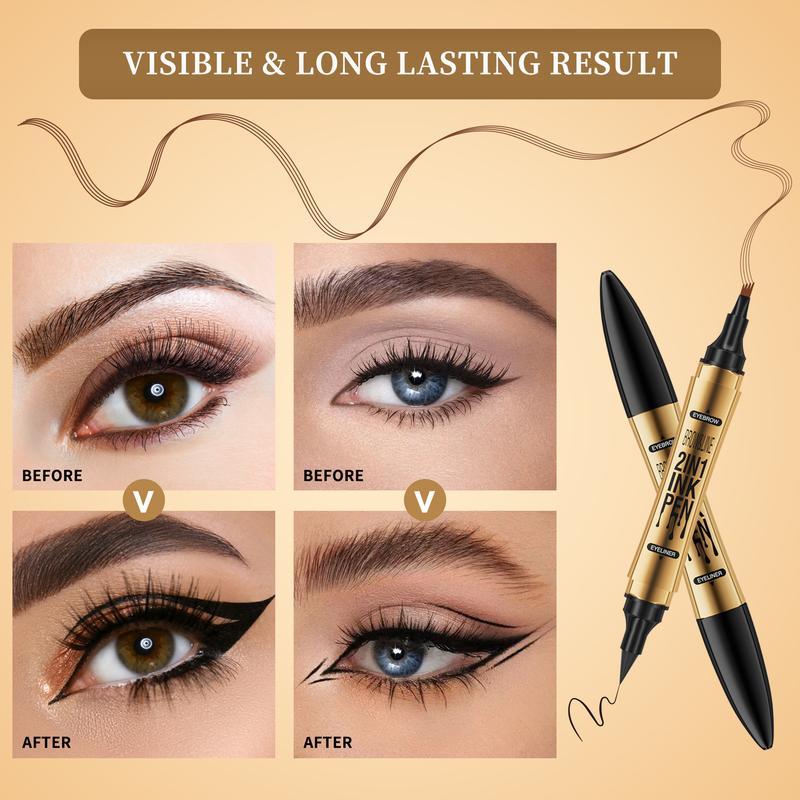 Double-ended Eyeliner + Eyebrow Pen,  Waterproof Long Lasting 2 In 1 Eyeliner Pencil, Eye Makeup, Eyebrow Pencil, Hair-like Eyebrow Pen, 2-in-1 Waterproof, Ultra-Precise, with Dual-ended Eyebrow Brush, Cosmetic, Creamy Pencil Gentle Smooth lip liner