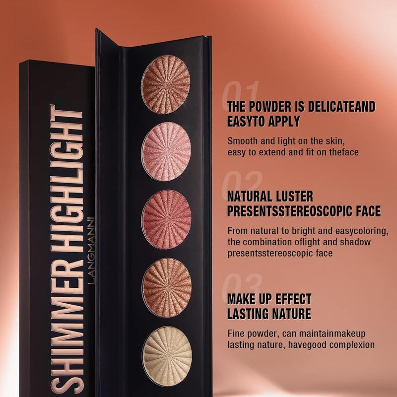 Highlighter Powder Palette,  Palette Facial Bronzers Illuminator Palette Highlighter Baked Waterproof Long Lasting Brilliant Lighten Skin Color (5 Color, 1 Count (Pack of 1))