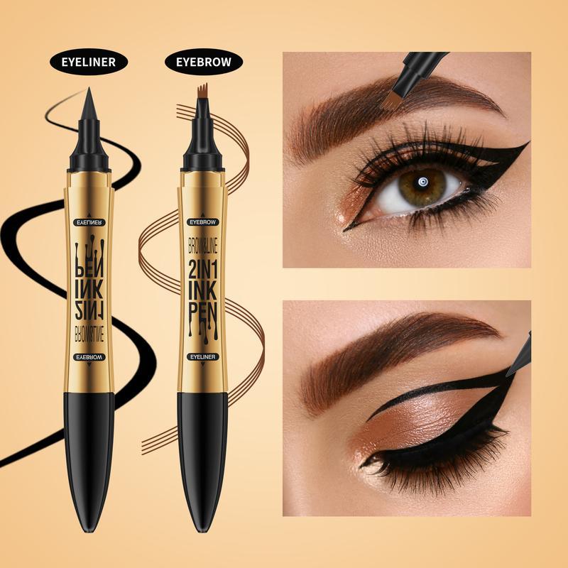 Double-ended Eyeliner + Eyebrow Pen,  Waterproof Long Lasting 2 In 1 Eyeliner Pencil, Eye Makeup, Eyebrow Pencil, Hair-like Eyebrow Pen, 2-in-1 Waterproof, Ultra-Precise, with Dual-ended Eyebrow Brush, Cosmetic, Creamy Pencil Gentle Smooth lip liner