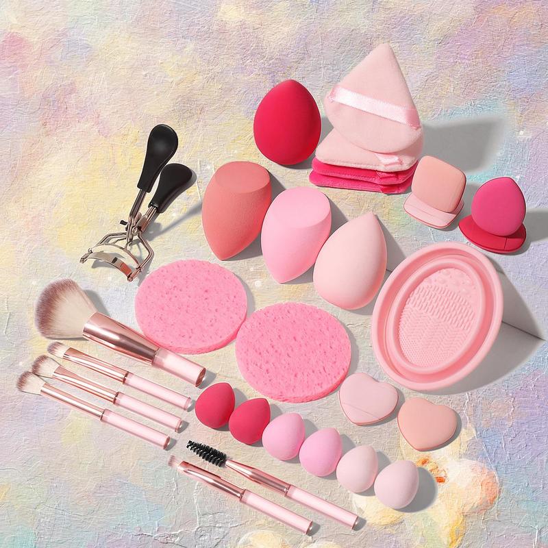 Makeup Tool Set, 30pcs set Cosmetic Tool Kit with Eyelash Curler, Makeup Sponges for Liquid Foundation, Loose Powder, Concealer, Cream, Soft Beauty Sponges Set