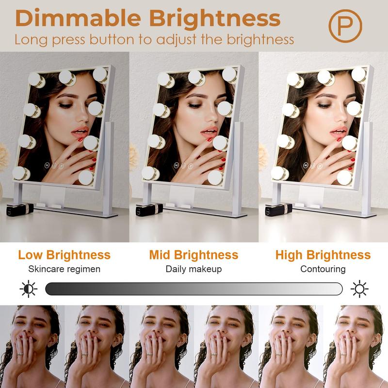 Vanity Mirror with Lights,Makeup Mirror,Lighted Mirror with 9 Dimmable LED Bulbs,3 Color Modes & Detachable 10X Magnification Mirror,360° Rotation,Smart Touch Control,Plug in