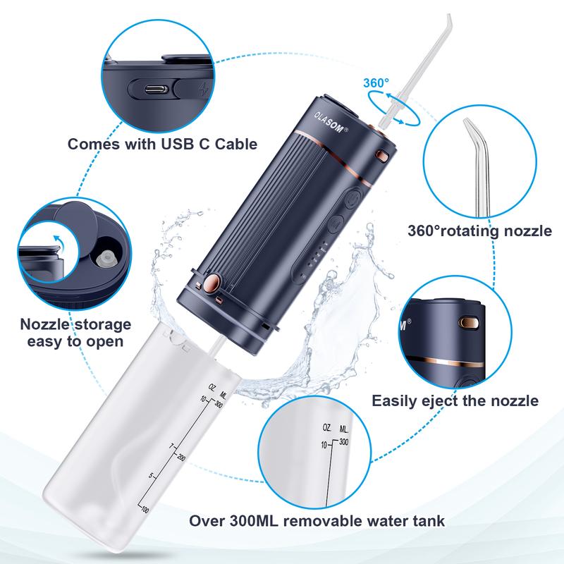 Portable Water Flosser Professional for Teeth Cleaning with 5 Pressure Modes, Over 320ML Removable Water Tank, Type C Rechargeable Oral Irrigator with 5 Jet Tips, Waterproof Travel Case Cordless Daily