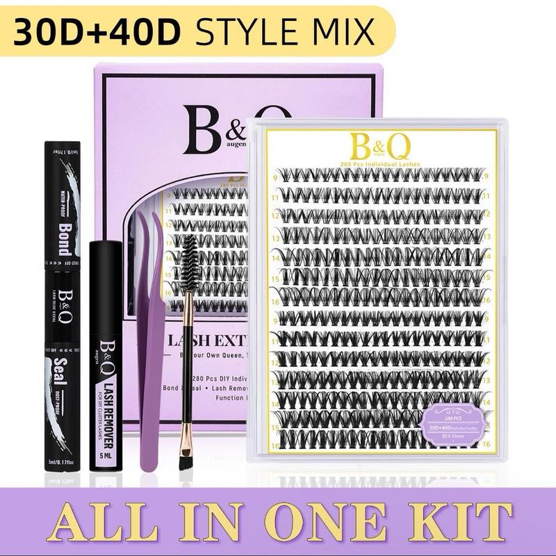 B&Q LASH Waterproof Lash Kit with Tweezers and Bond&Seal Extensions for Natural Look and Long Lasting Individual Lashes - Makeup Volumized False Eyelashes