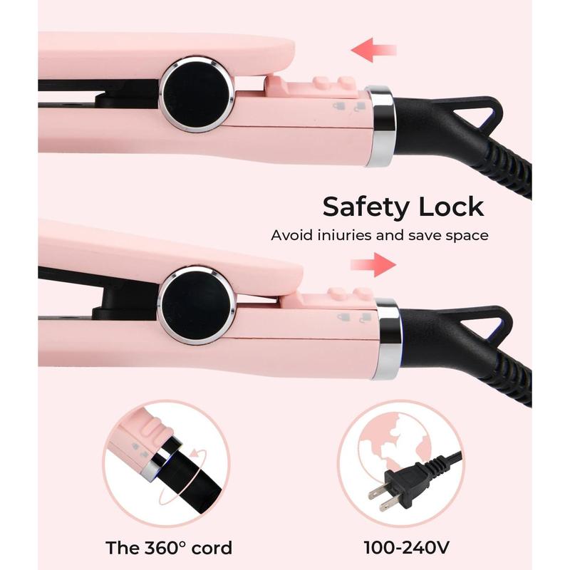 Flat Iron Hair Straightener, Titanium Flat Iron with Adjustable Temp(290°F-450°F), 1 inch Plate for All Hairstyles Anti-Scald Dual Volte Straightening and Curler 2 in 1 (Pink)