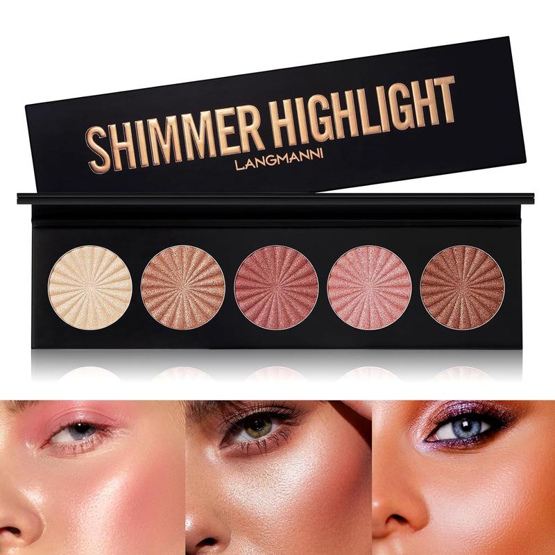 Highlighter Powder Palette,  Palette Facial Bronzers Illuminator Palette Highlighter Baked Waterproof Long Lasting Brilliant Lighten Skin Color (5 Color, 1 Count (Pack of 1))