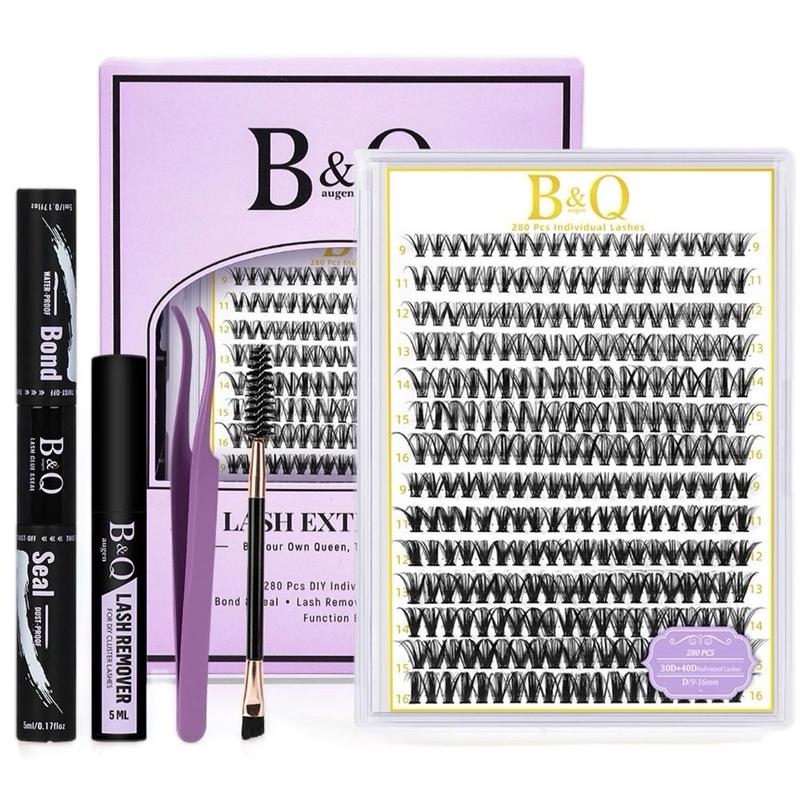 B&Q LASH Waterproof Lash Kit with Tweezers and Bond&Seal Extensions for Natural Look and Long Lasting Individual Lashes - Makeup Volumized False Eyelashes