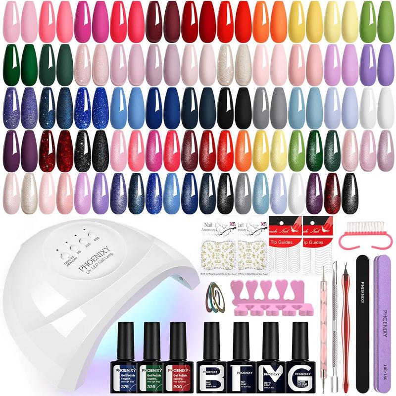 Gel Nail Polish Kit with U V Light 48W, 56 Pcs 108 Effect Gel Nail Kit Base Glitter Top Coat Gel Nail Polish Set Manicure Tools Gifts for Women